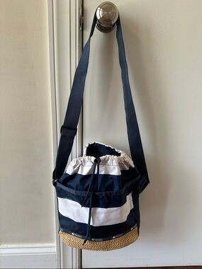 Lesportsac Navy and White Striped Drawstring Bucket Crossbody